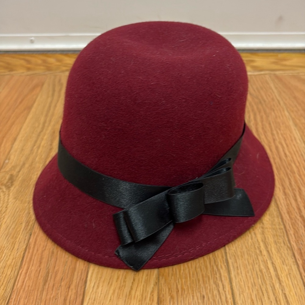 Vintage Burgundy with Black Ribbon Warm Wool Felt Casual Bucket Hat